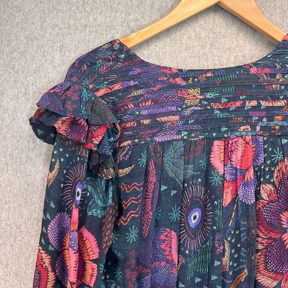 Farm Rio Small Boho Floral Long‎ Sleeve Maxi Dress Ruffles River Creatures FLAW - Picture 9 of 16